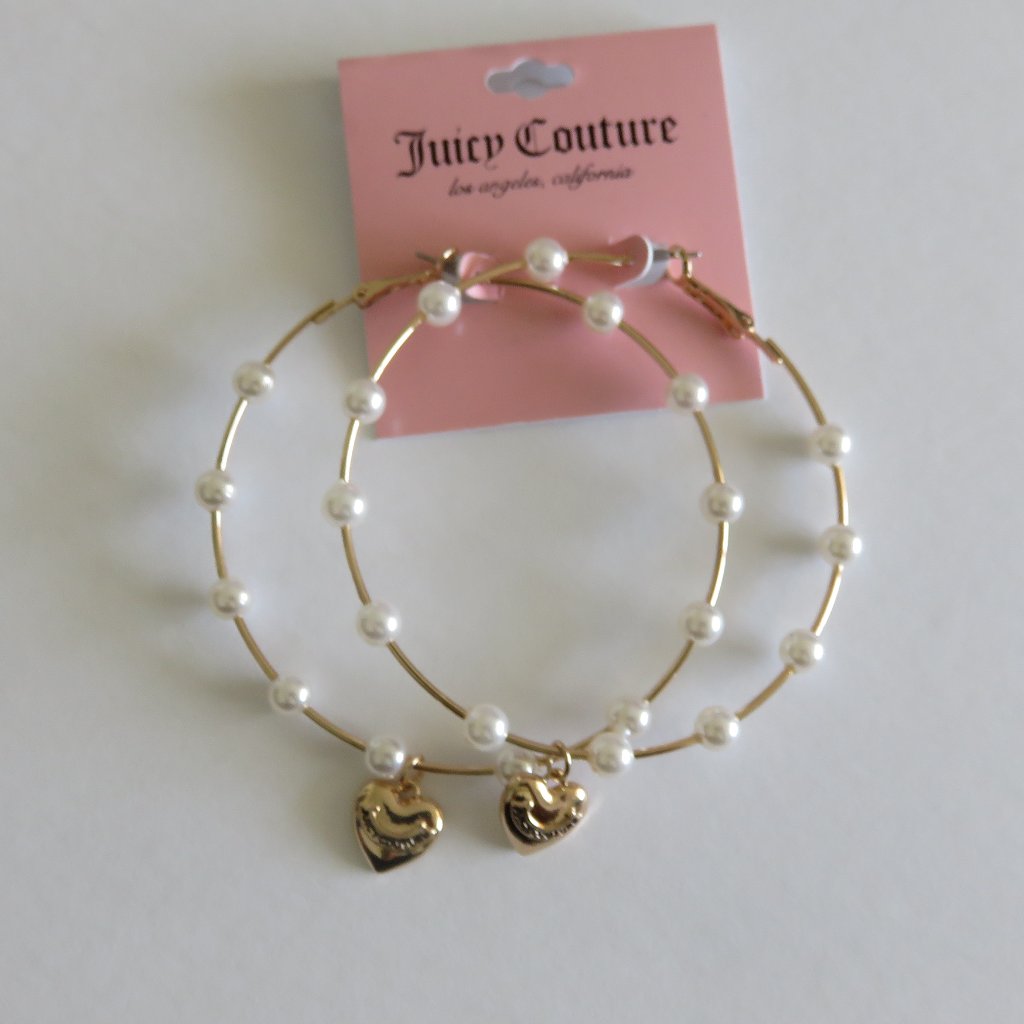 Z Juicy Couture Faux Pearls Heart Hoop Earrings 29$
